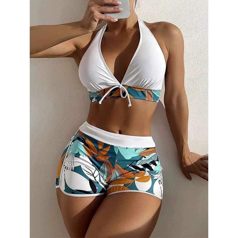 2023 Halter Bikini Set Short Swimsuit Women High Waist Swimwear Female Printed Bathers Swimming Bathing Swim Suit