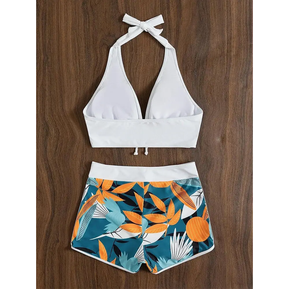 2023 Halter Bikini Set Short Swimsuit Women High Waist Swimwear Female Printed Bathers Swimming Bathing Swim Suit