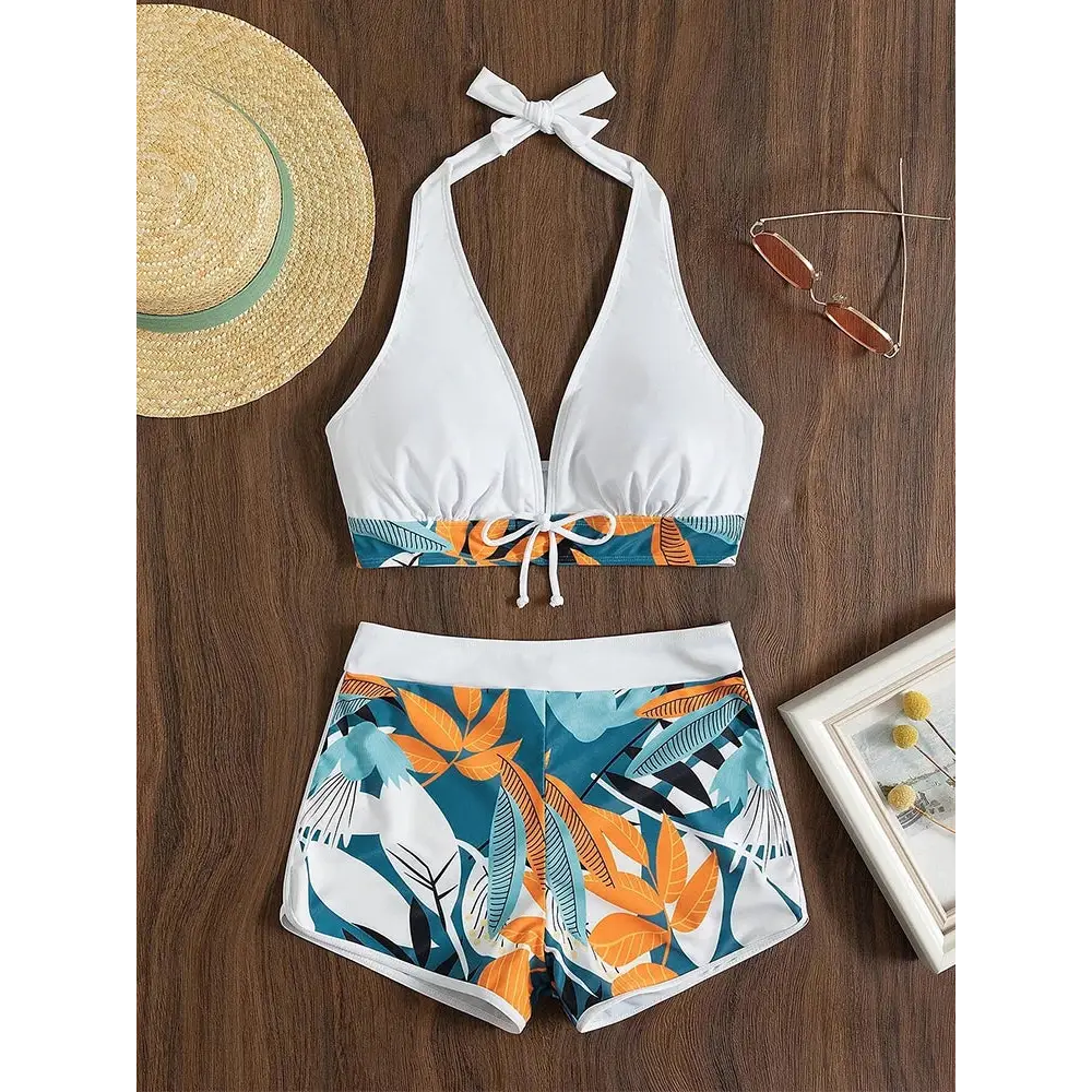 2023 Halter Bikini Set Short Swimsuit Women High Waist Swimwear Female Printed Bathers Swimming Bathing Swim Suit