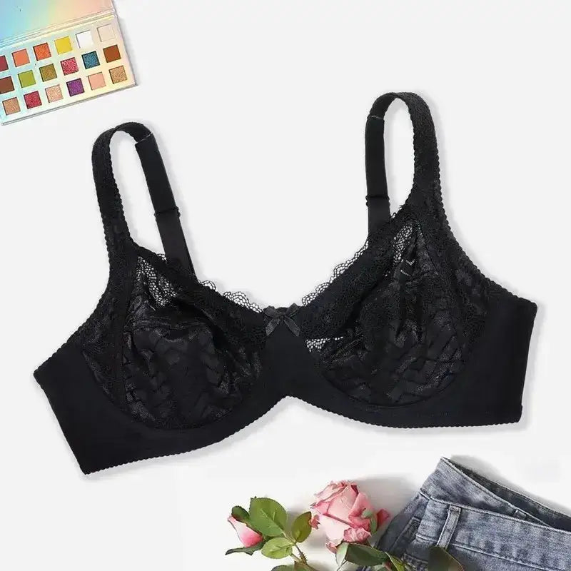 Beauwear Plus Size Sexy Bra Women’s Plus Solid Contrast Embroidery Lace Underwire Full Coverage Bra - Black / 85C