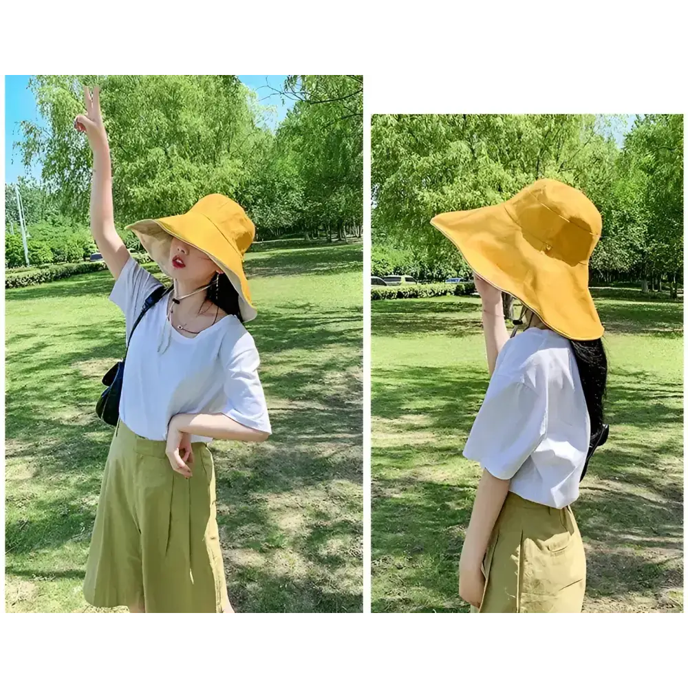 Yellow UPF 50 sun protection hat worn outdoors, perfect for sunny days and stylish outfits