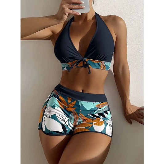 2023 Halter Bikini Set Short Swimsuit Women High Waist Swimwear Female Printed Bathers Swimming Bathing Swim Suit