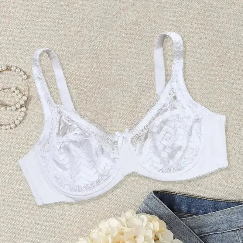 Beauwear Plus Size Sexy Bra Women’s Plus Solid Contrast Embroidery Lace Underwire Full Coverage Bra - White / 90C