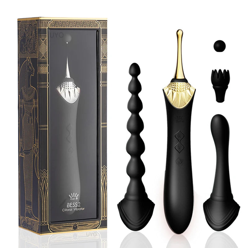 The Ladys Haven Boutique black and gold clitoral vibrator set with three interchangeable attachments and luxury vibrator gift box