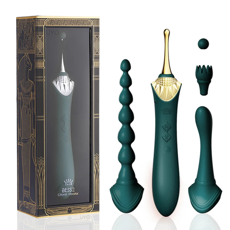 The Lady's Haven Boutique clitoral vibrator set in emerald with four attachments and luxury vibrator gift box .