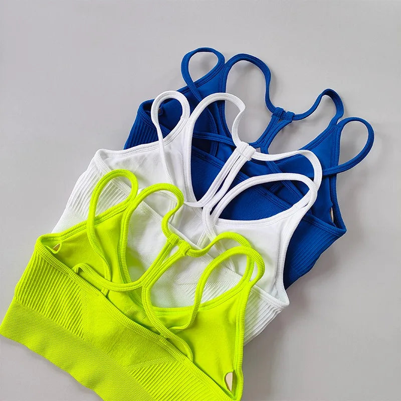 Colorful breathable sports bra for women in blue, white, and neon green styles
