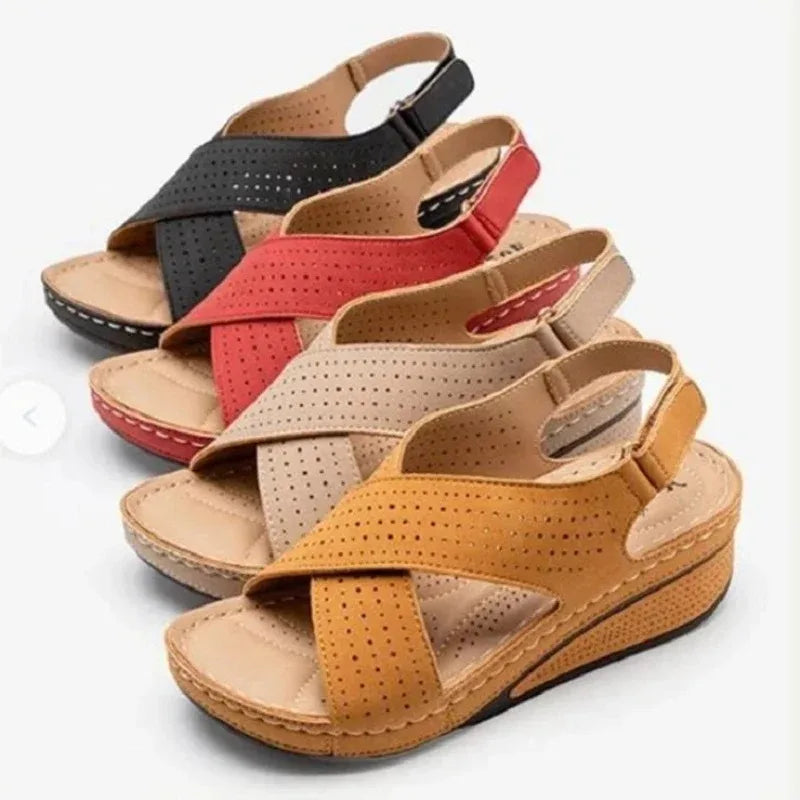 Comfortable walking sandals for ladies in black red beige and tan with adjustable straps and cushioned soles