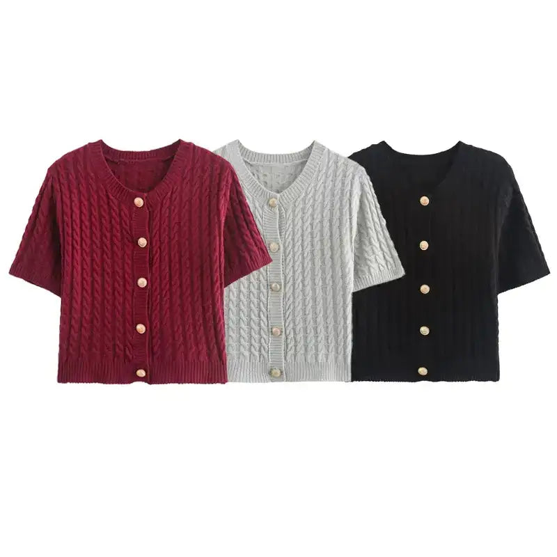 The Lady's Haven Boutique cropped sweater cardigan collection in red gray and black with button front and short sleeves