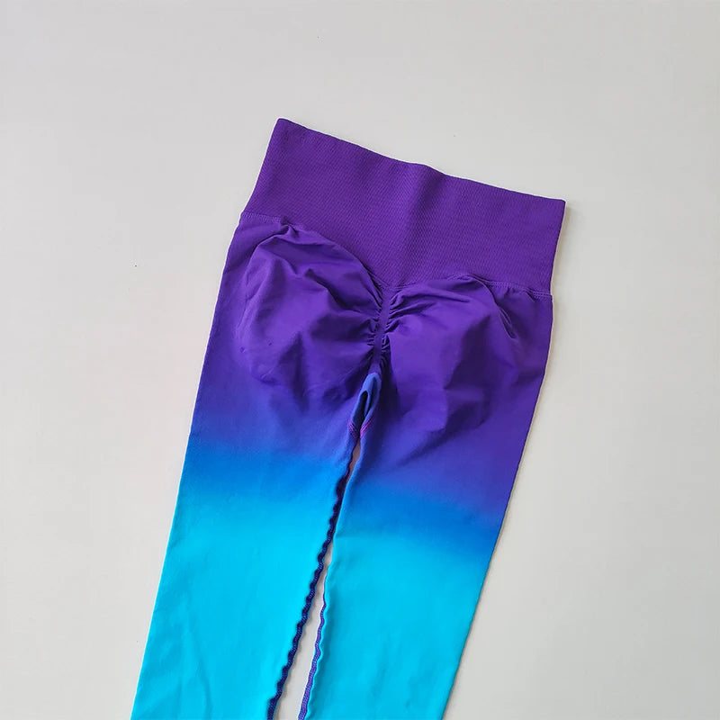 Gradient running leggings in purple and blue from The Lady's Haven Boutique featuring a ruched design