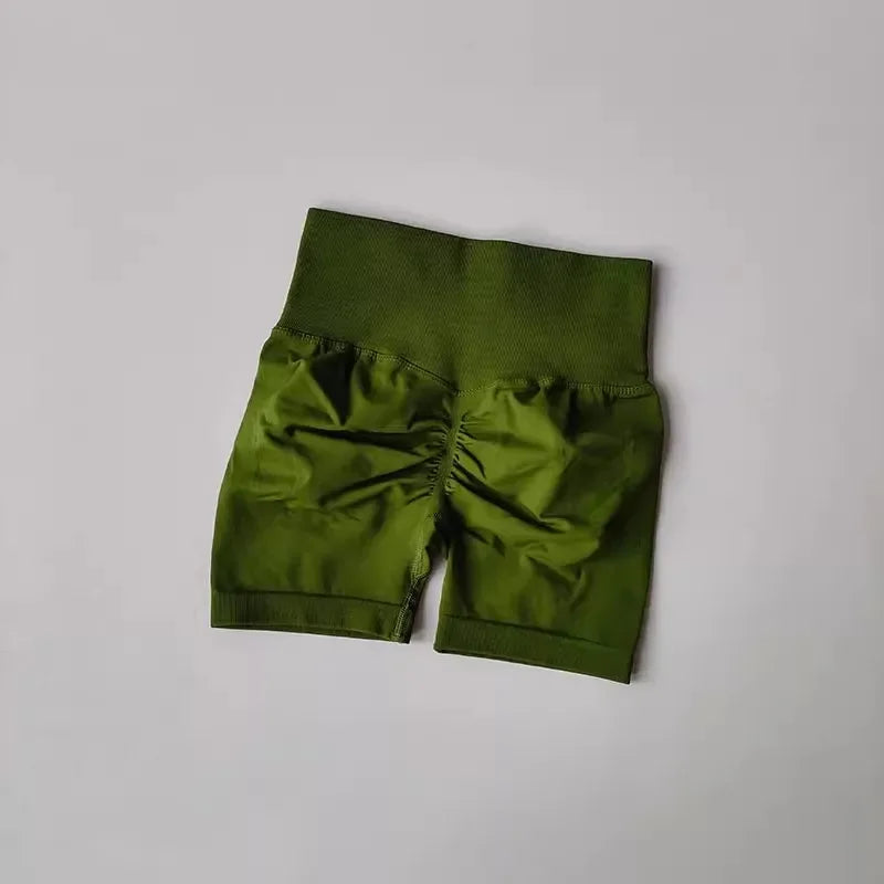 High-waist yoga shorts women in olive green with ruched back for comfort and style