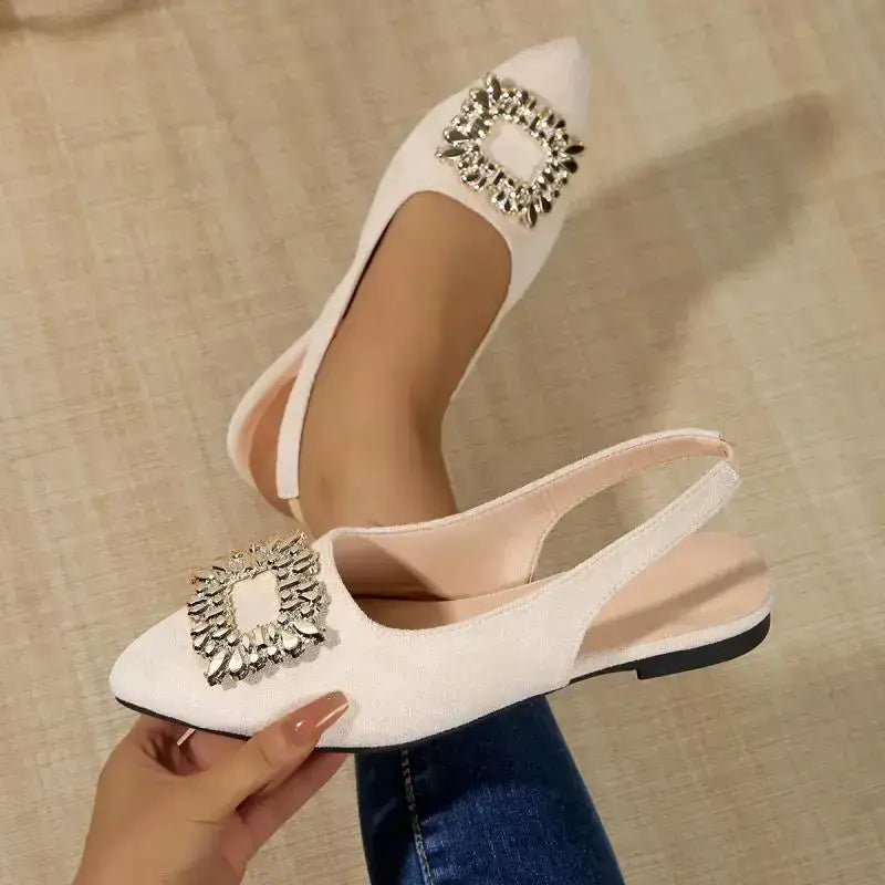 The Lady's Haven Boutique pointed toe crystal buckle sandals flat heel white elegant design