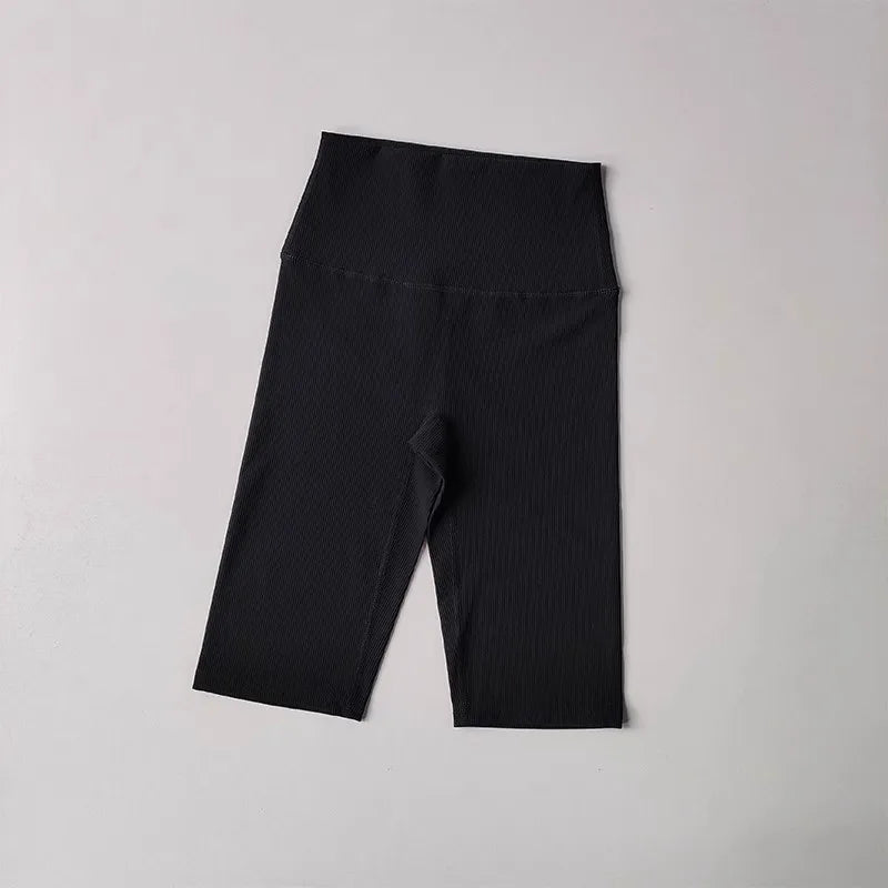 Black ribbed cycling yoga gym shorts for women with high waistband for comfort and support