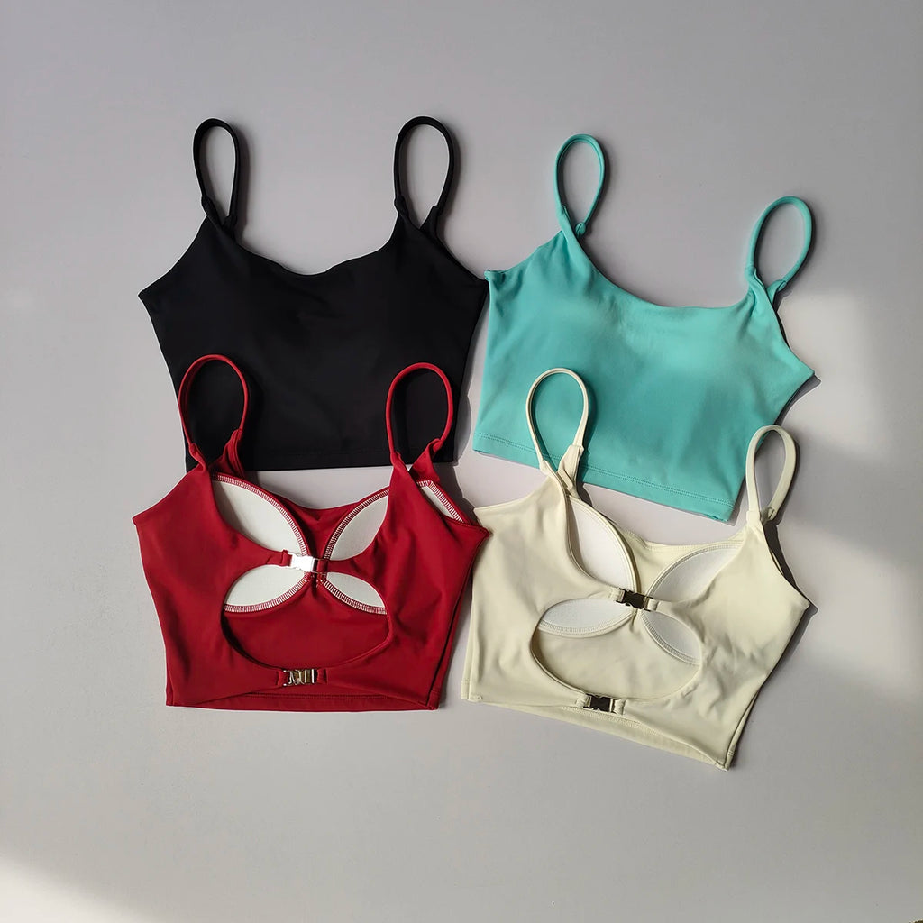 Variety of sports underwear for ladies in black, teal, red, and beige with stylish cutout designs