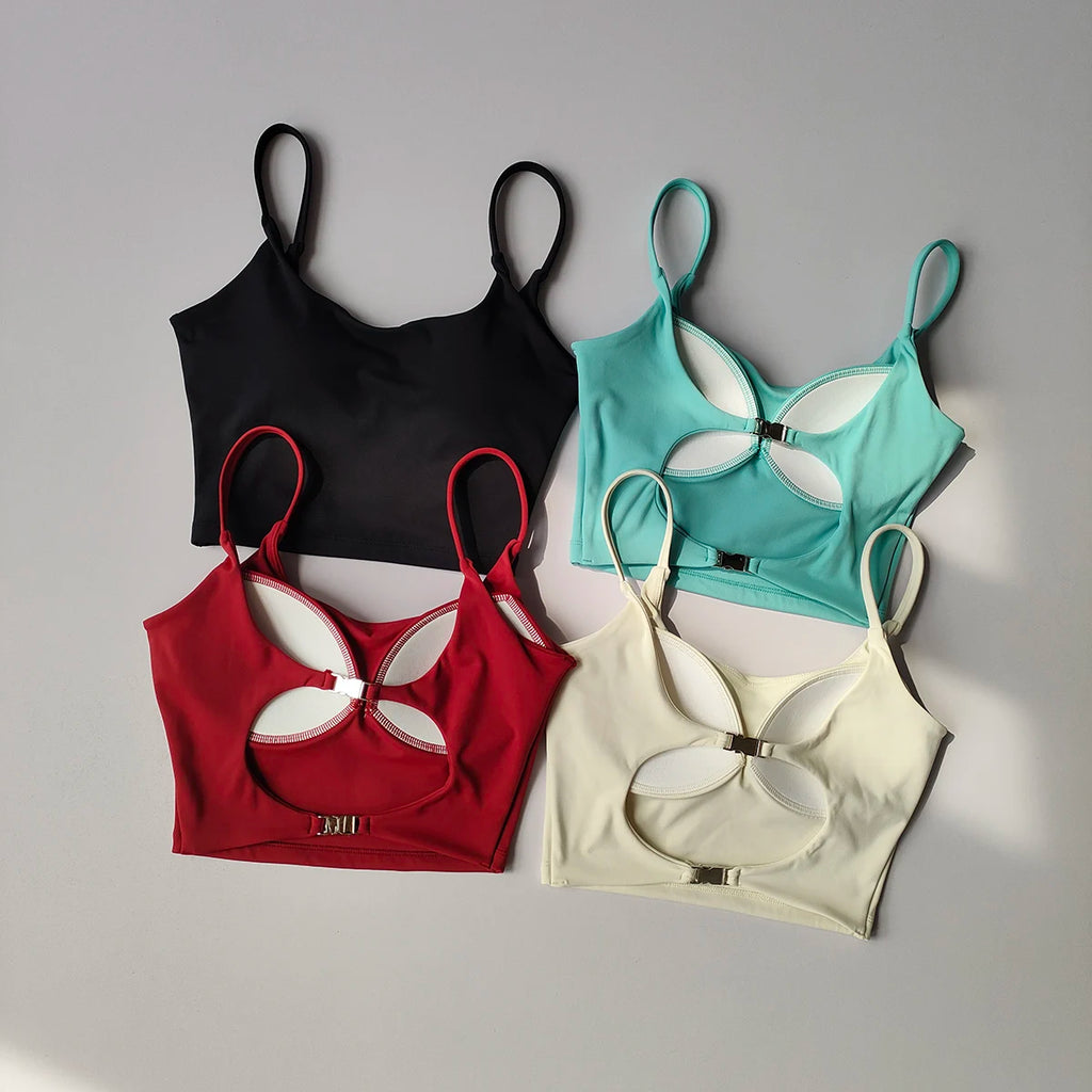 Assorted colors of sports underwear for ladies featuring stylish cut-outs and adjustable straps