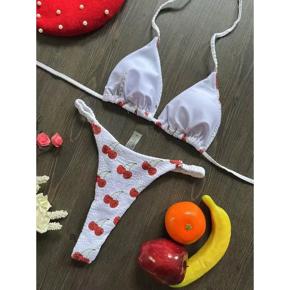 Swimwear Women Cute Cherry Print Brazilian Thong Bikini Set Sexy Thong Swimsuit Two Pieces Bathing Suit Women 2023