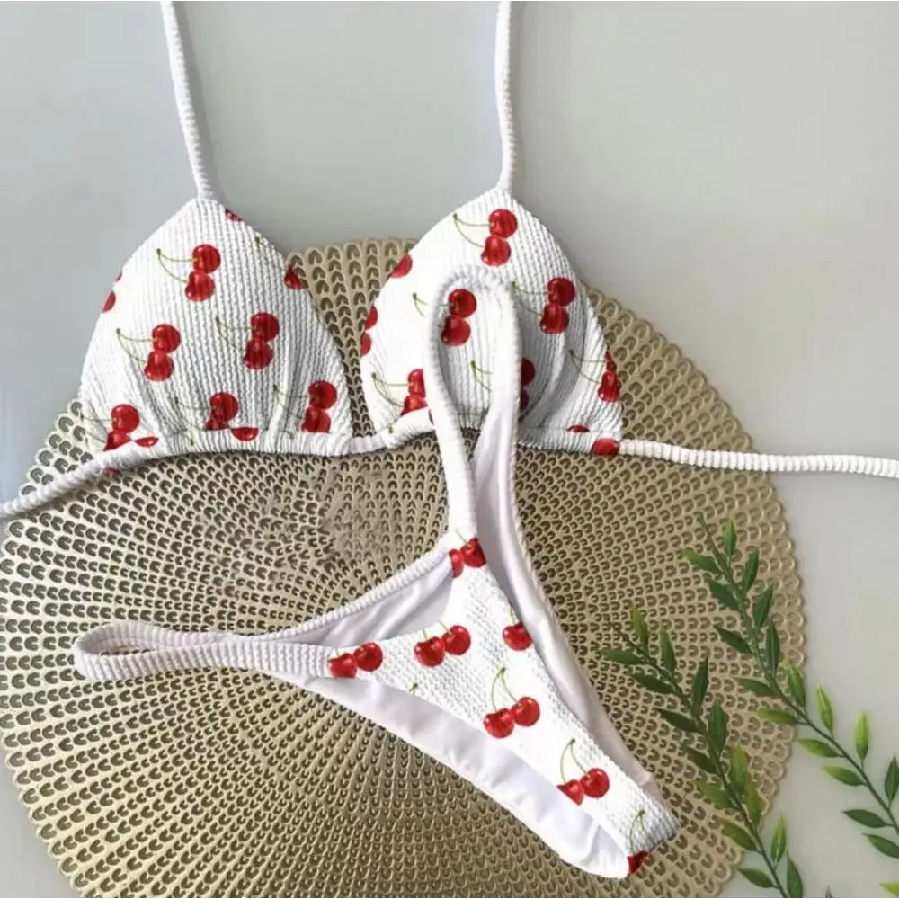 Swimwear Women Cute Cherry Print Brazilian Thong Bikini Set Sexy Thong Swimsuit Two Pieces Bathing Suit Women 2023