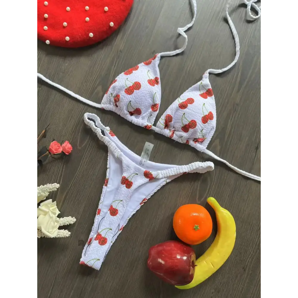 Swimwear Women Cute Cherry Print Brazilian Thong Bikini Set Sexy Thong Swimsuit Two Pieces Bathing Suit Women 2023