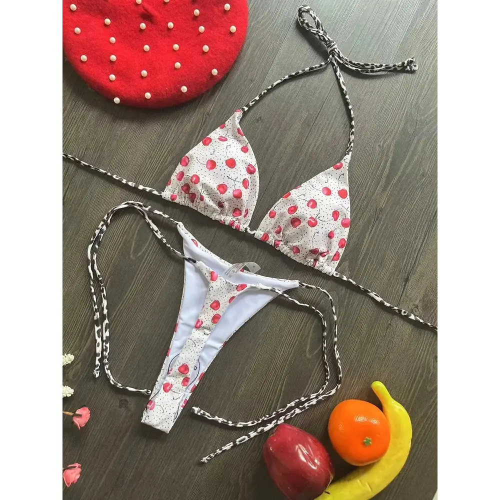 Swimwear Women Cute Cherry Print Brazilian Thong Bikini Set Sexy Thong Swimsuit Two Pieces Bathing Suit Women 2023