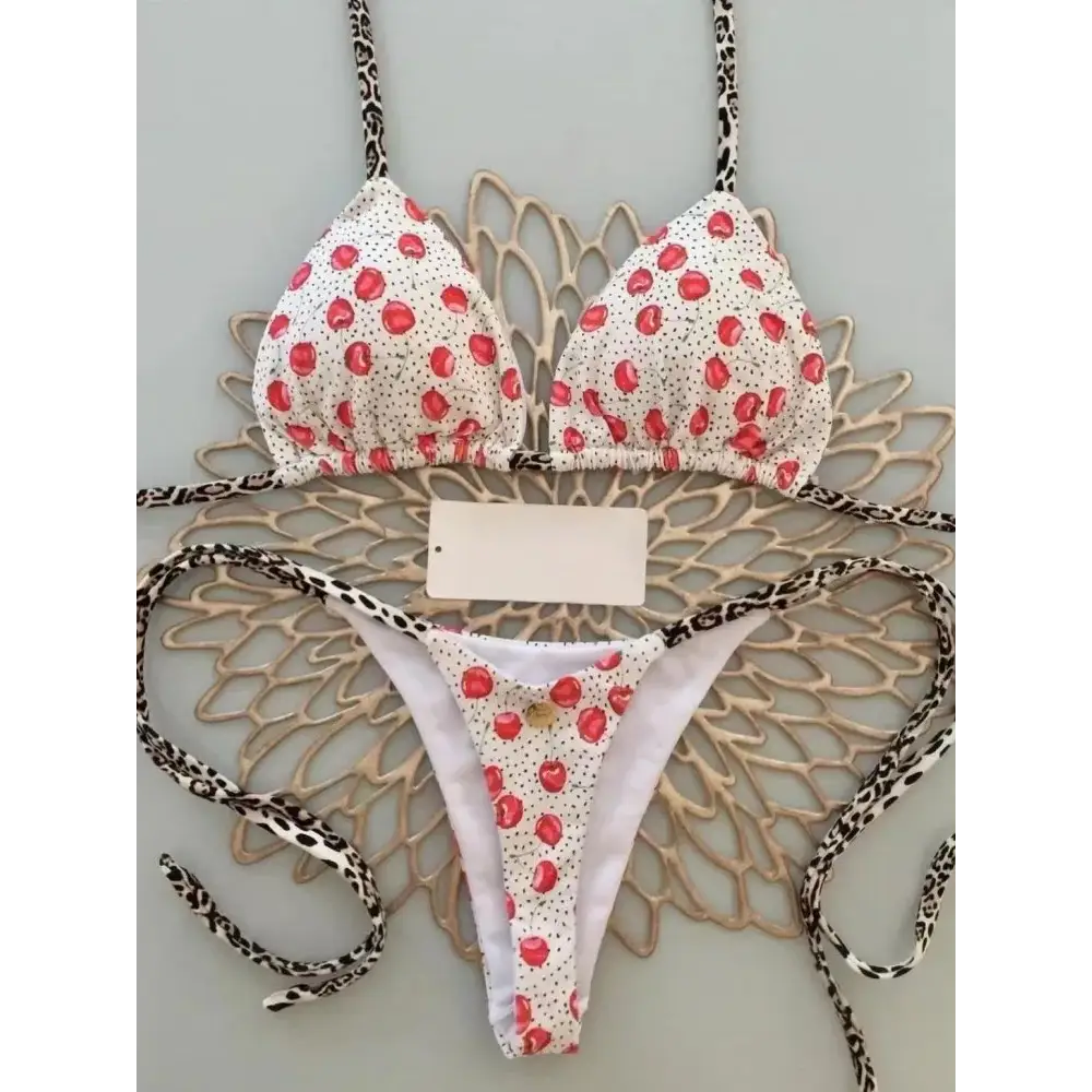 Swimwear Women Cute Cherry Print Brazilian Thong Bikini Set Sexy Thong Swimsuit Two Pieces Bathing Suit Women 2023