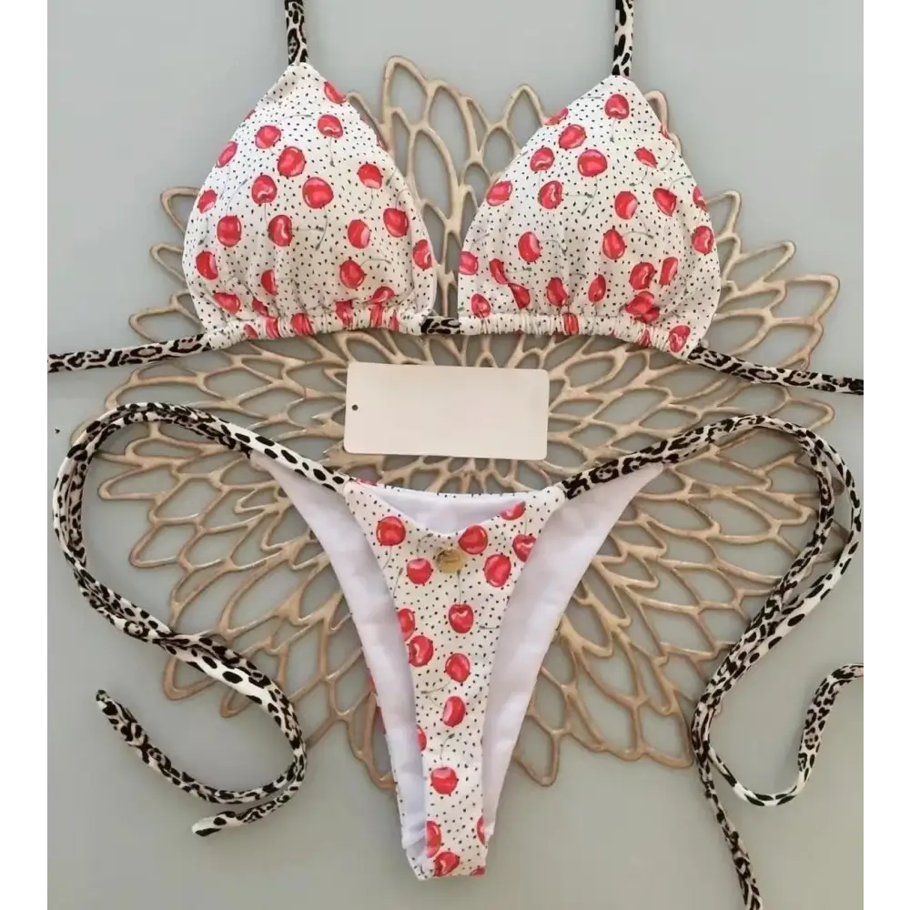 Swimwear Women Cute Cherry Print Brazilian Thong Bikini Set Sexy Thong Swimsuit Two Pieces Bathing Suit Women 2023