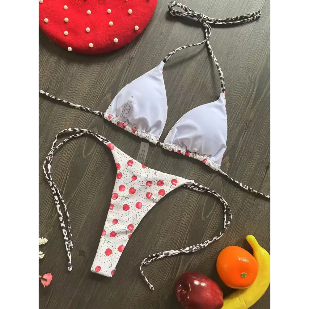 Swimwear Women Cute Cherry Print Brazilian Thong Bikini Set Sexy Thong Swimsuit Two Pieces Bathing Suit Women 2023