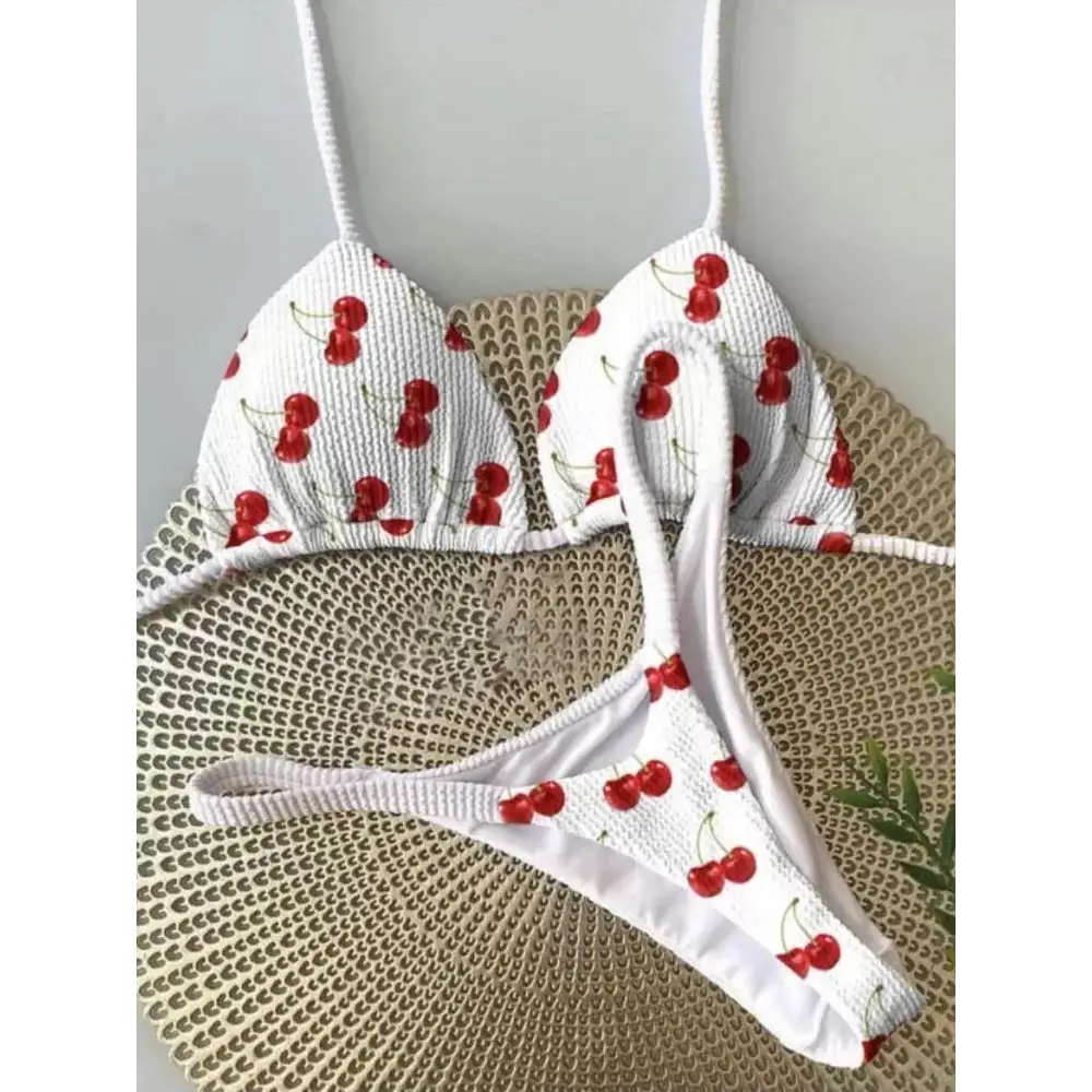 Swimwear Women Cute Cherry Print Brazilian Thong Bikini Set Sexy Thong Swimsuit Two Pieces Bathing Suit Women 2023