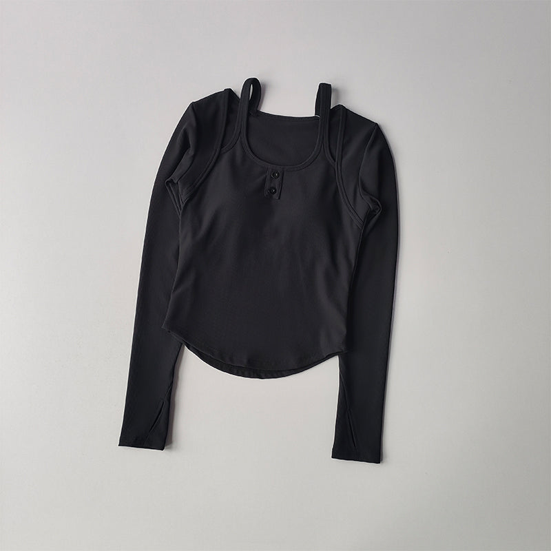 Black long sleeve yoga crop tops for women with a button-down neckline and fitted design