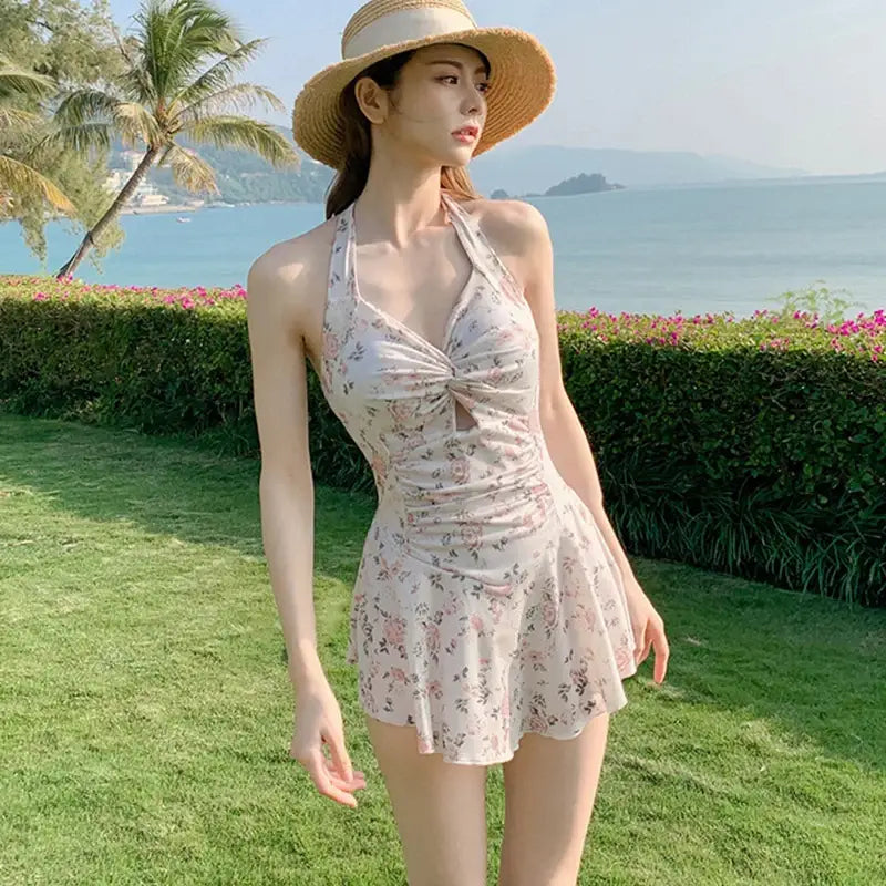 Women Hanging Neck Sweet Cute Swimwear Sexy One-piec Beach Wear Swim Suit Beach Dress Swimsuit High Waist Bathing Suit
